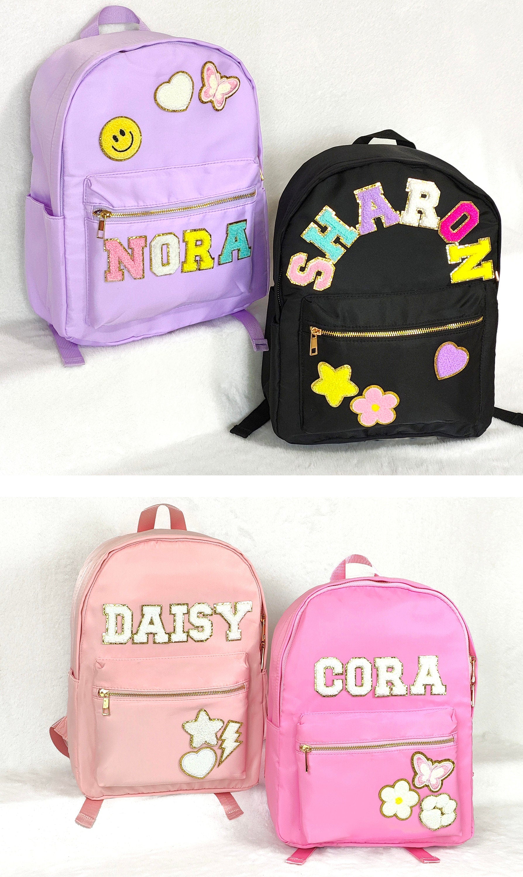 Sewn Patches Backpack Personalized Nylon Backpack with Patch Chenille Letter Custom School Bag Kids Back to School Lunch Box Bag Lunch Bag