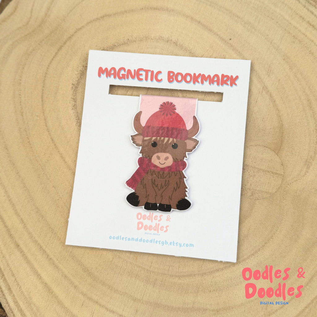 Festive Highland Cow Magnetic Bookmark | Hat & Scarf Highland Cow | Page Marker | Gift for Reader | Reading Accessories | Cow Lover