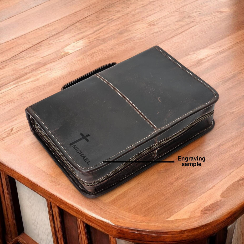 Personalized Leather Bible Cover, Religious Gifts, Engraved Bible Cover Zipper, Bible Cover with Handle, Bible Case, Monogrammed Bible Cover