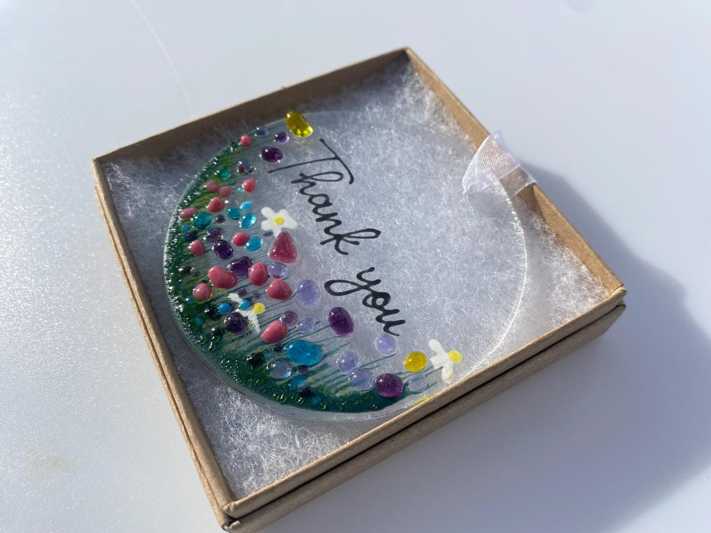 Thank You Wildflower Fused Glass Suncatcher Hanging Decoration, ideal for Unique Thank You Gift,  Wedding, Bridesmaid, Friend, Teacher