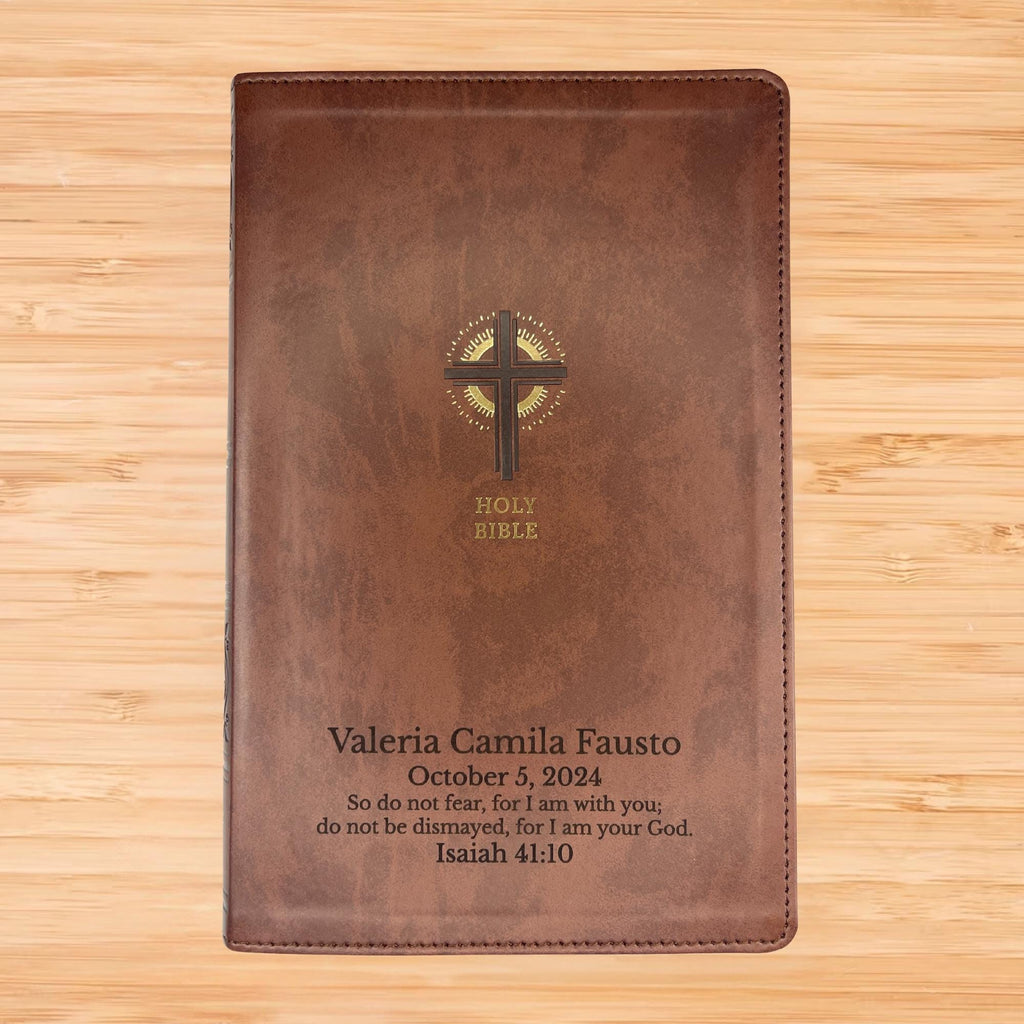 Personalized NRSV Bible New Revised Standard Version Catholic Edition, Catholic Bible, Brown Faux Leather Custom Bible Cover, Baptism Gift
