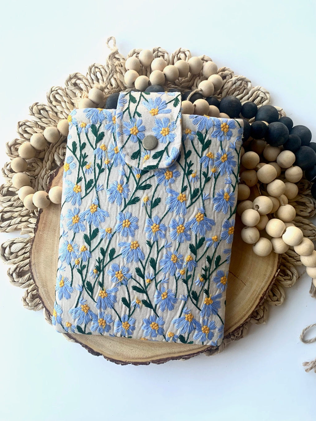 Blue Beige Daisy Embroidered book sleeve, kindle sleeve, ereader cover, iPad sleeve, Book Gift, book pouch, Bible cover