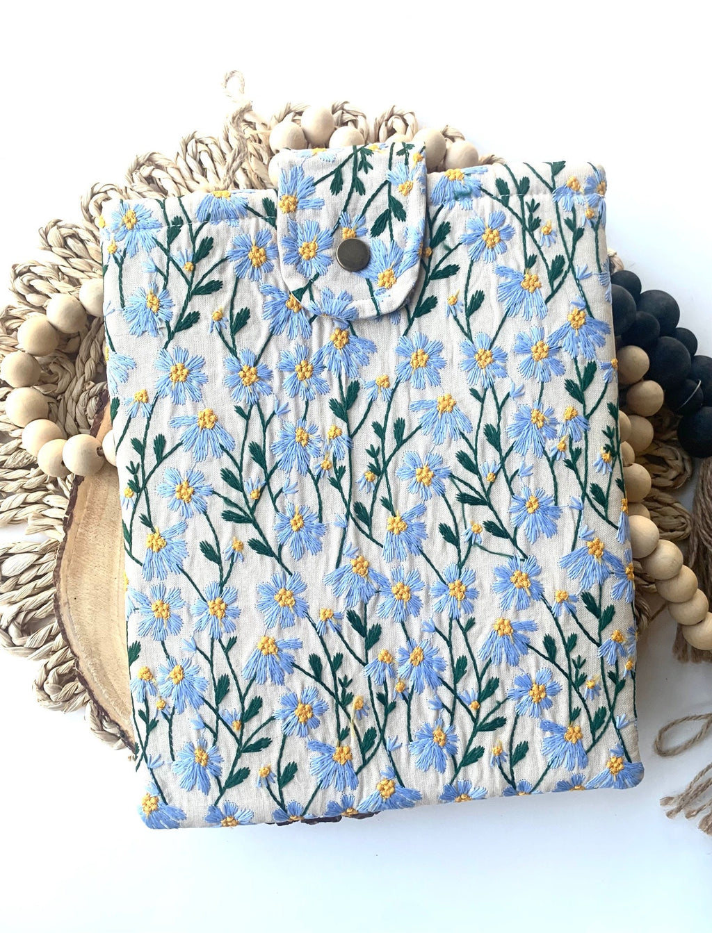 Blue Beige Daisy Embroidered book sleeve, kindle sleeve, ereader cover, iPad sleeve, Book Gift, book pouch, Bible cover