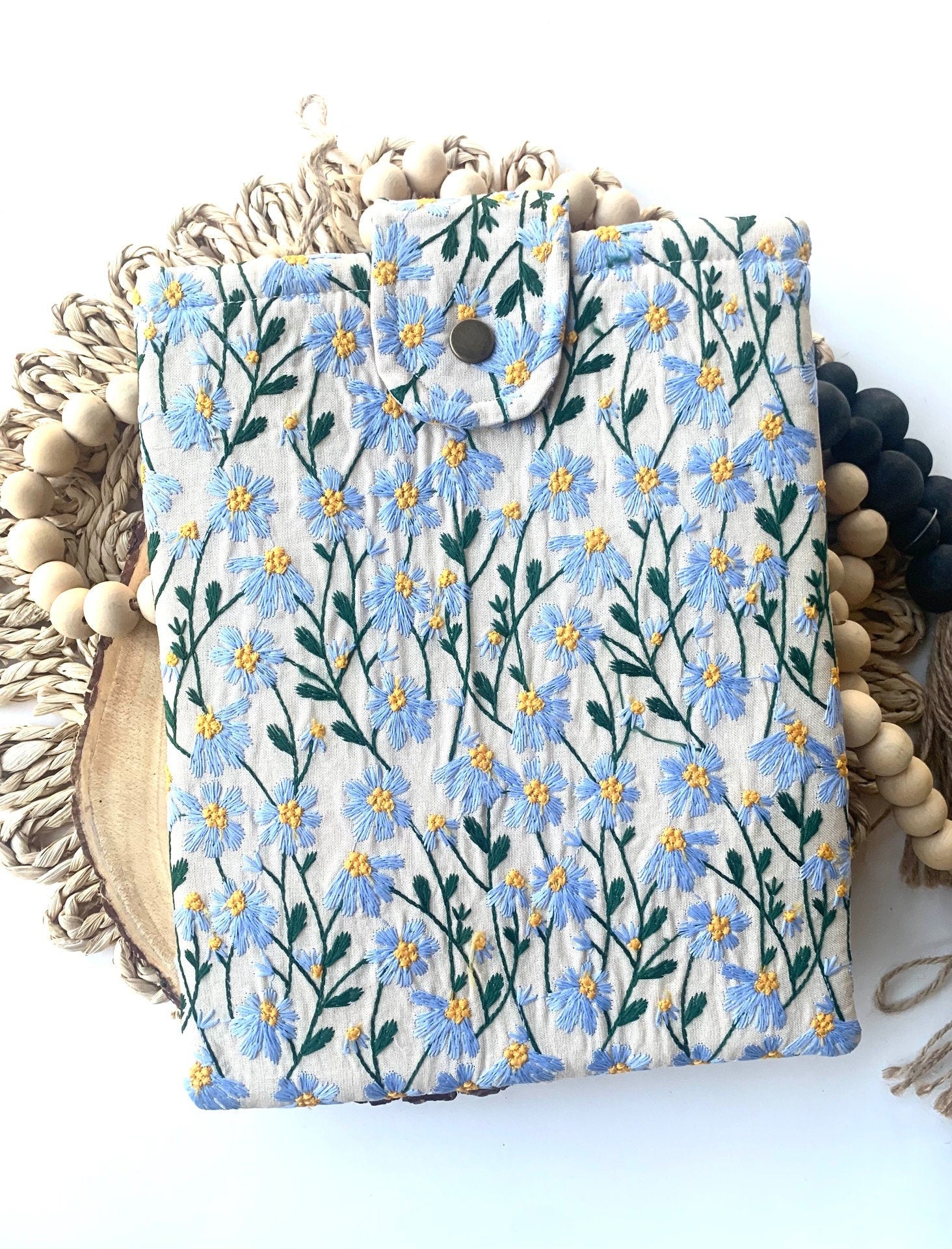 Blue Beige Daisy Embroidered book sleeve, kindle sleeve, ereader cover, iPad sleeve, Book Gift, book pouch, Bible cover