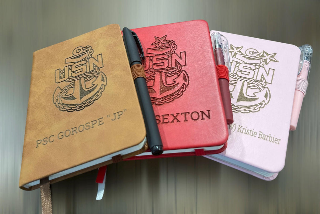 Custom/ Personalized mini Note book with Pen.  laser engraved US Navy. Laser Engraved Notebook customized.