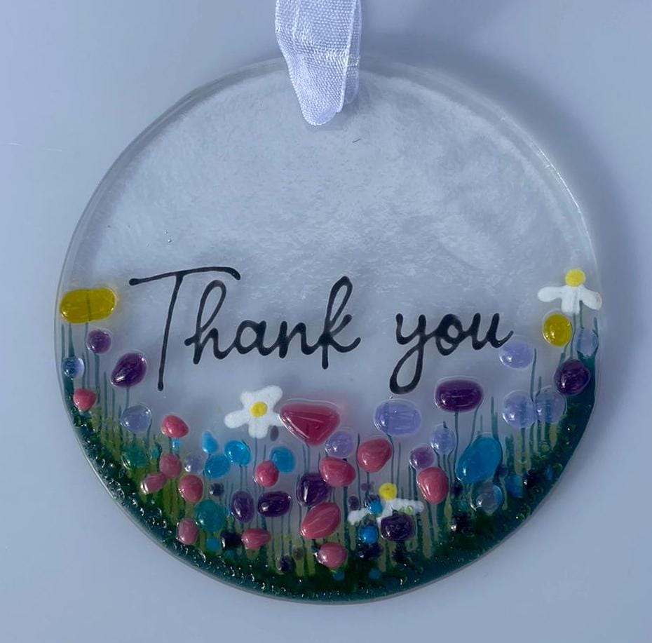 Thank You Wildflower Fused Glass Suncatcher Hanging Decoration, ideal for Unique Thank You Gift,  Wedding, Bridesmaid, Friend, Teacher