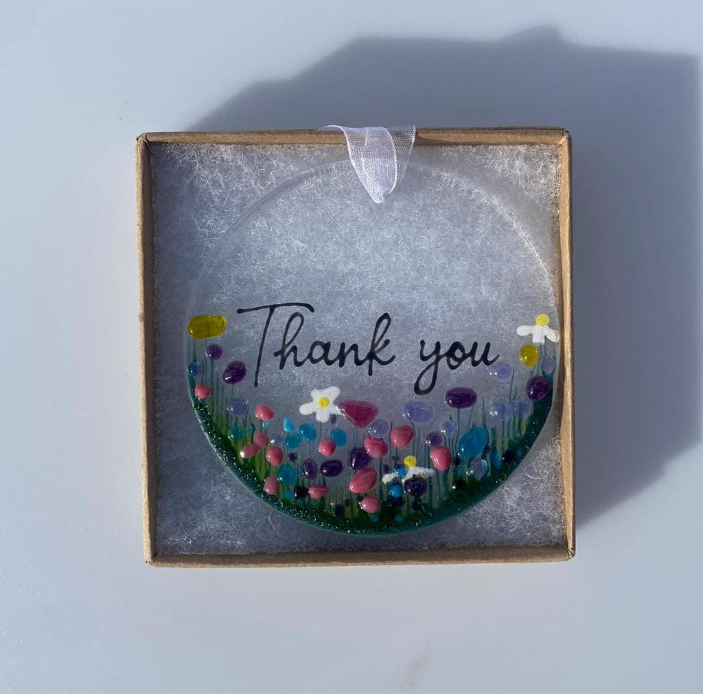Thank You Wildflower Fused Glass Suncatcher Hanging Decoration, ideal for Unique Thank You Gift,  Wedding, Bridesmaid, Friend, Teacher