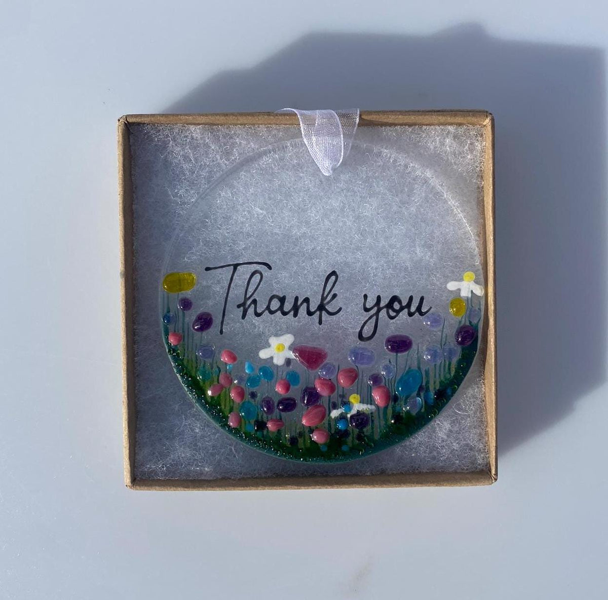 Thank You Wildflower Fused Glass Suncatcher Hanging Decoration, ideal for Unique Thank You Gift,  Wedding, Bridesmaid, Friend, Teacher
