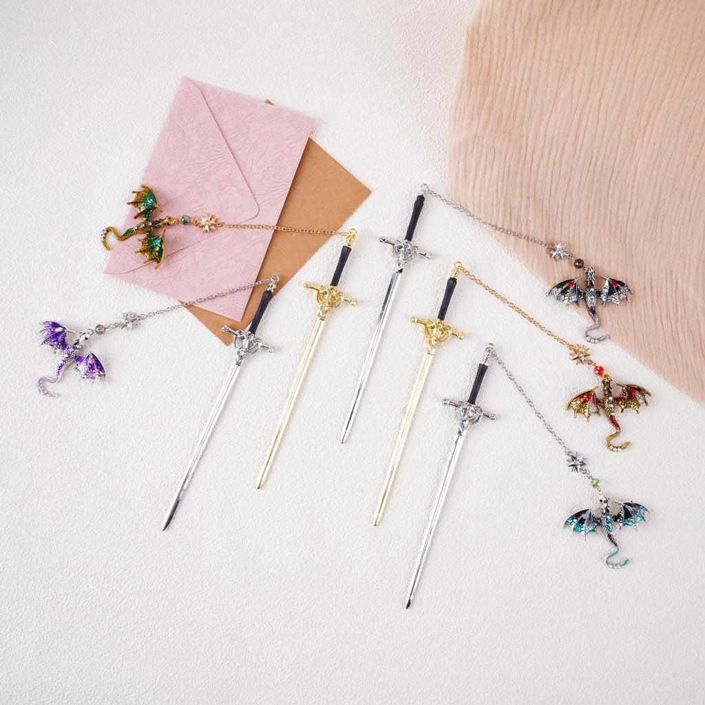 Sword Dragon Bookmark Birthday Gifts for Book Lover Reader Fantasy Bookworm Silver Gold Metal Charm Anniversary Gift Bookish Accessories