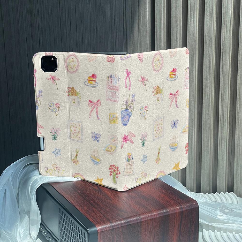 Pastel Bow and Ribbon Doodles iPad Case with Pencil Holder Protective iPad Air Case iPad Pro Case iPad Mini Case Cover Unique Gift Idea