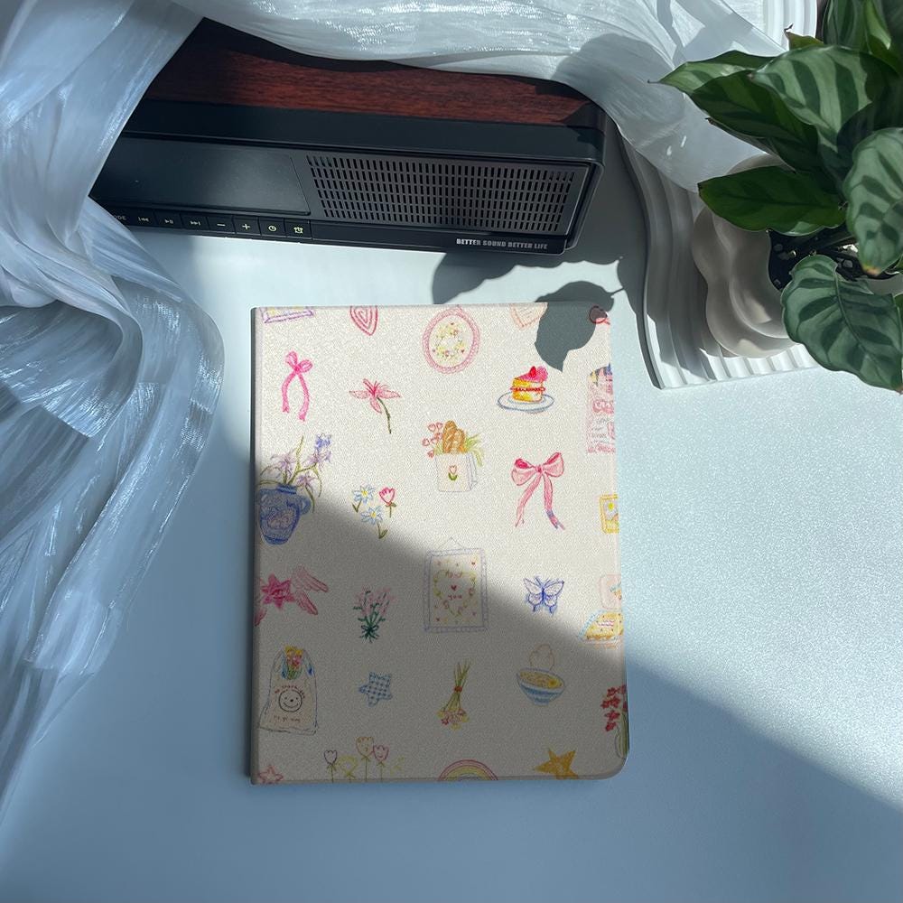 Pastel Bow and Ribbon Doodles iPad Case with Pencil Holder Protective iPad Air Case iPad Pro Case iPad Mini Case Cover Unique Gift Idea