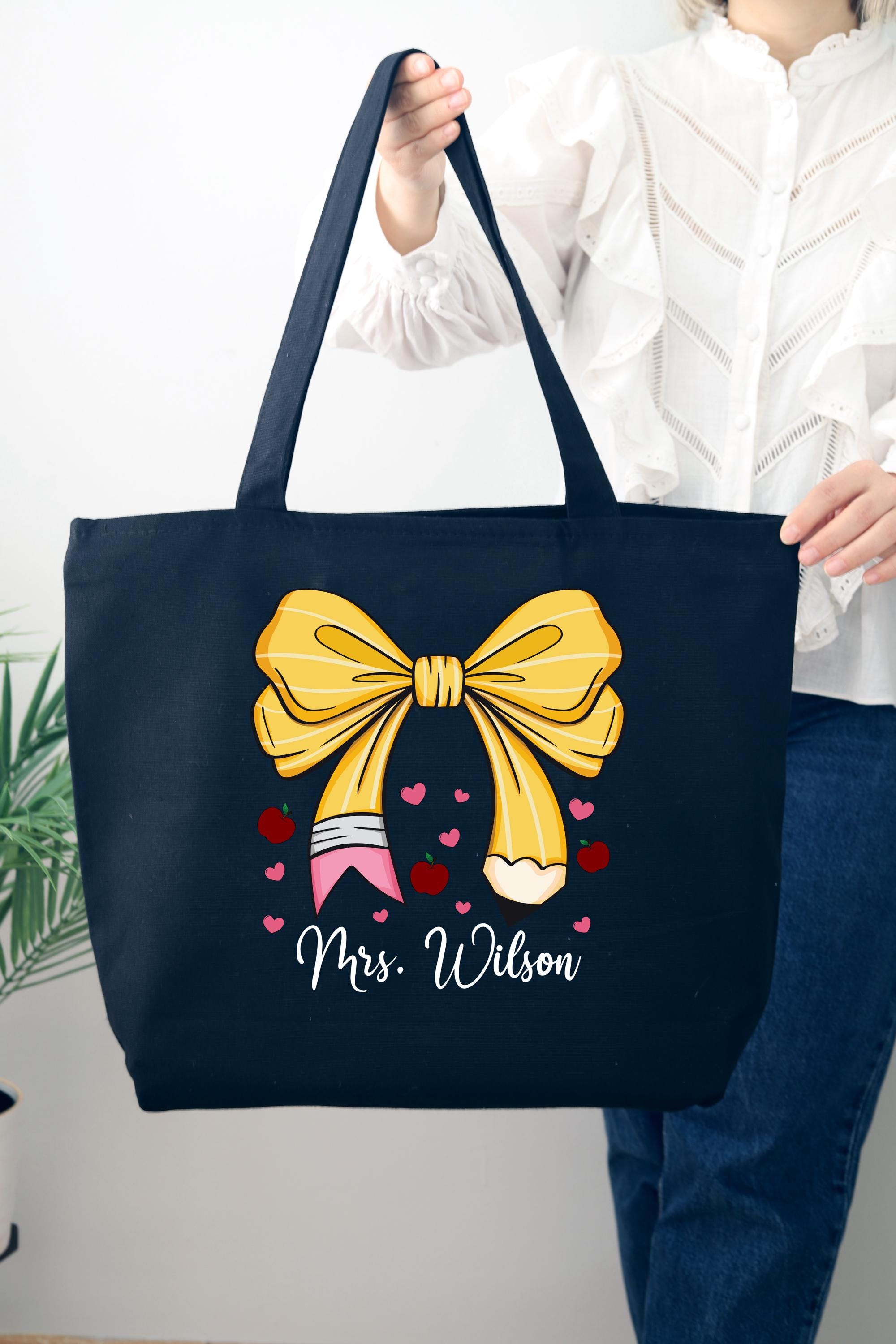 Custom Teacher Name Tote Bag, Pencil Bow Bag, Gift For Teacher, Personalized Teacher Gift, Teacher Gift,, Pencil Bow Bag, Back to School
