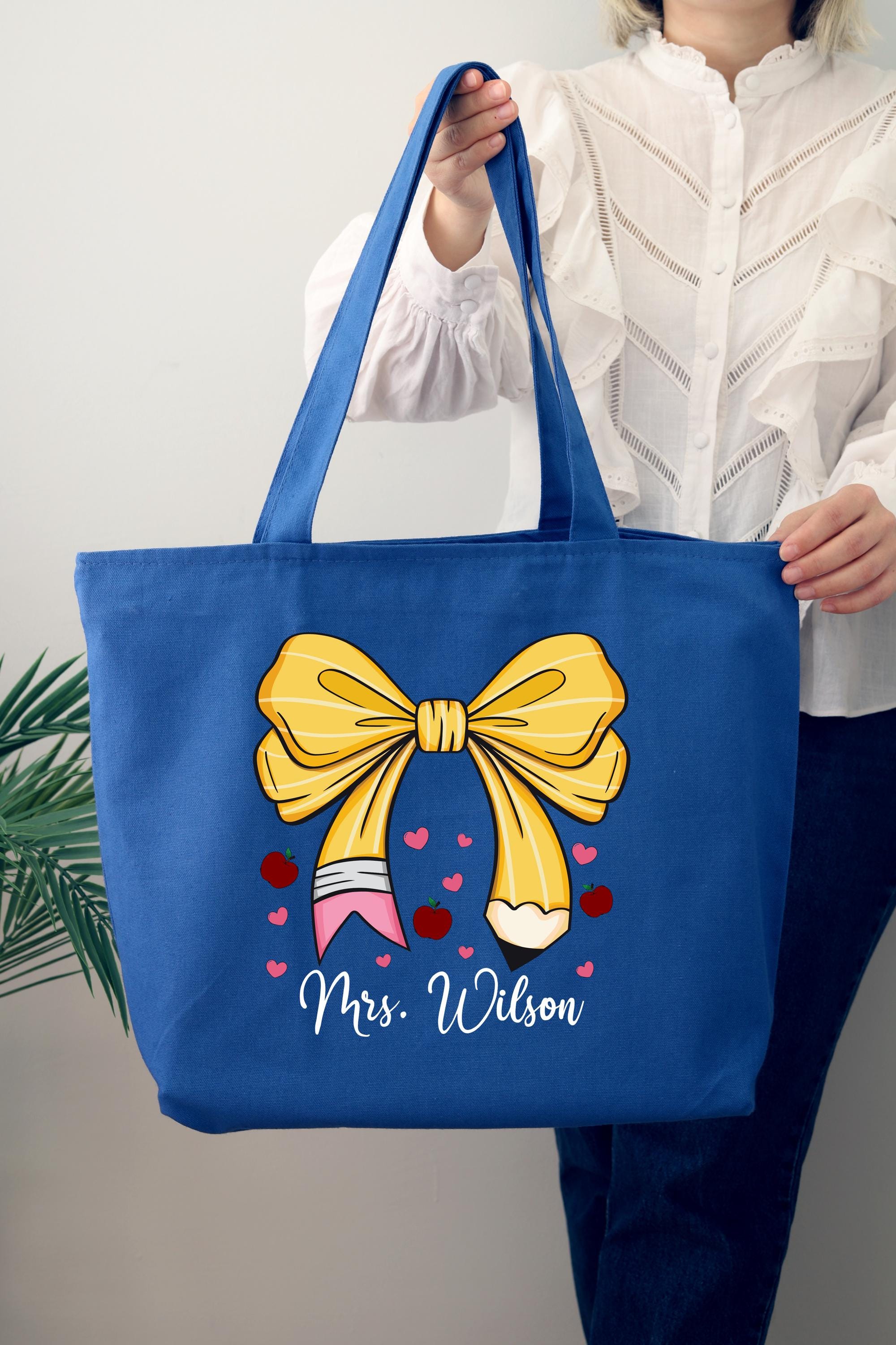 Custom Teacher Name Tote Bag, Pencil Bow Bag, Gift For Teacher, Personalized Teacher Gift, Teacher Gift,, Pencil Bow Bag, Back to School