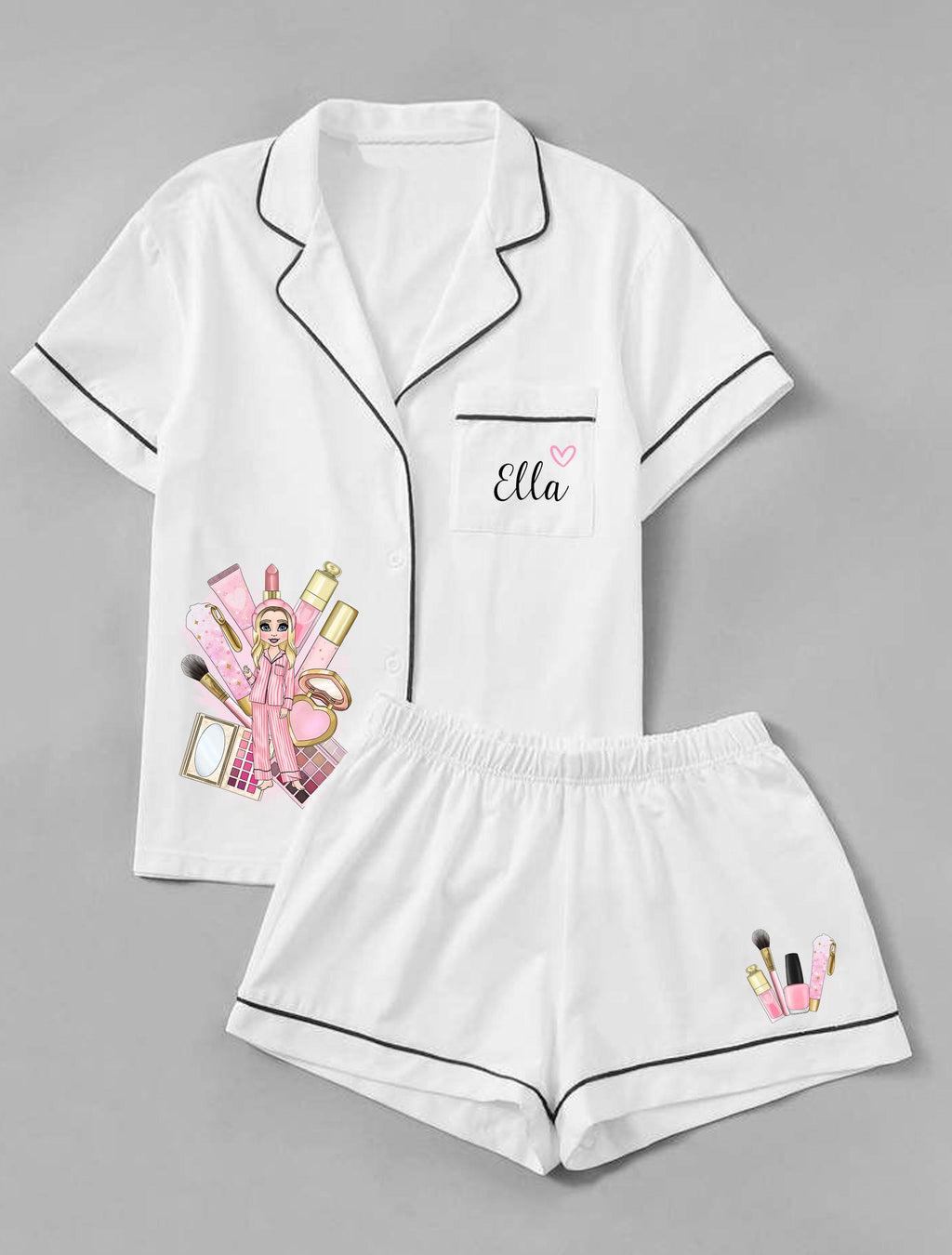 Personalised Satin Customisable Pink Makeup Doll Pjs, Personalised P Louise Pyjamas, Personalised Pjs, Birthday Pyjamas for girls