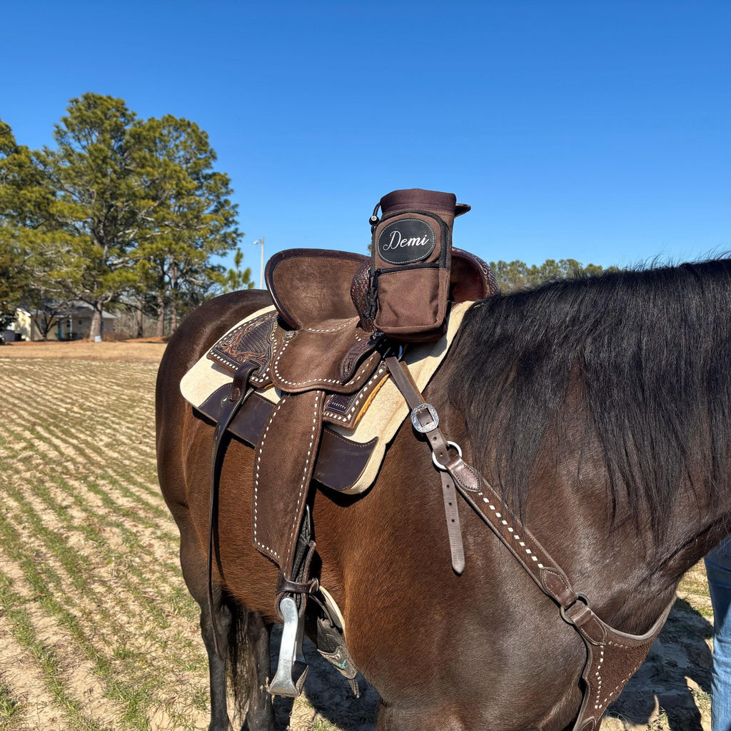 Personalized Horse Saddle Water Bottle Holder, Brown, Multi Pocket Horse Saddle Drink Holder up to 40oz, Horse Gifts, Horse Stuff Horse Tack