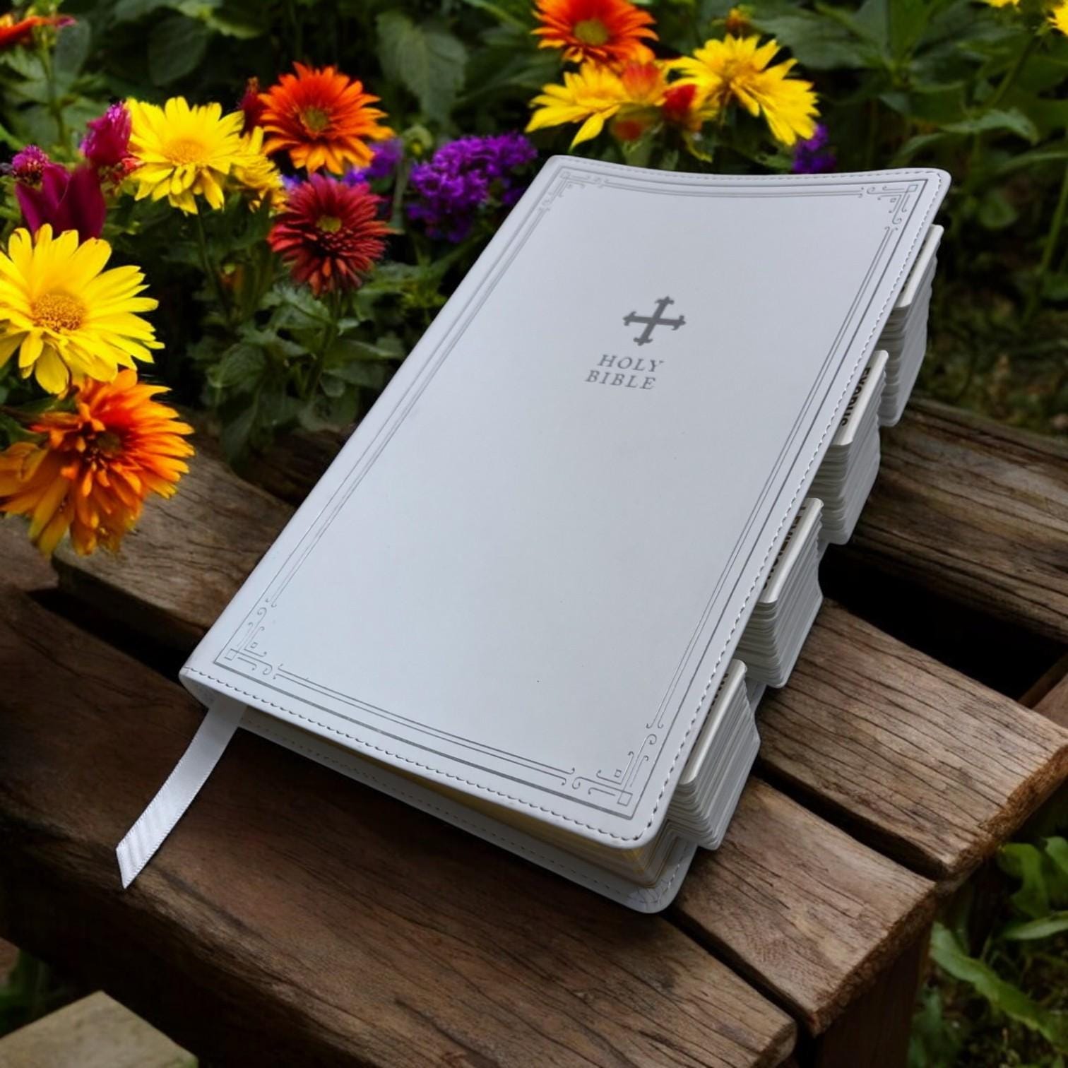 Custom White NRSV Tabbed BIBLE with Tabs Catholic Gift for Her Mom Women Girls Men Him Boys Confirmation Baptism Communion Birthday Grandpa