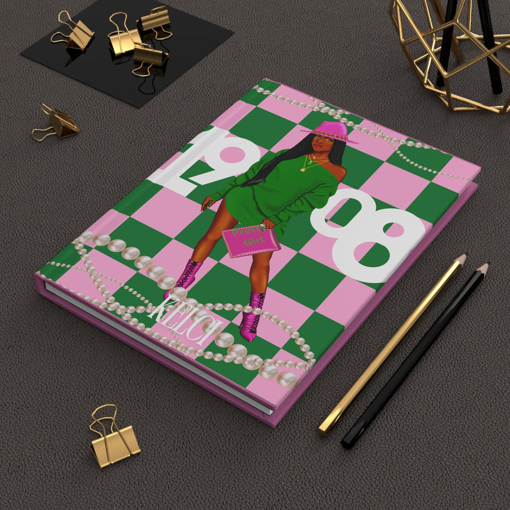 Custom Pink and Green Hardcover Journal,1908 Journal, Sorority Gift, Alpha Kappa Alpha Notebook, Probate Gift, AKA Journal, Greek Life Gift,