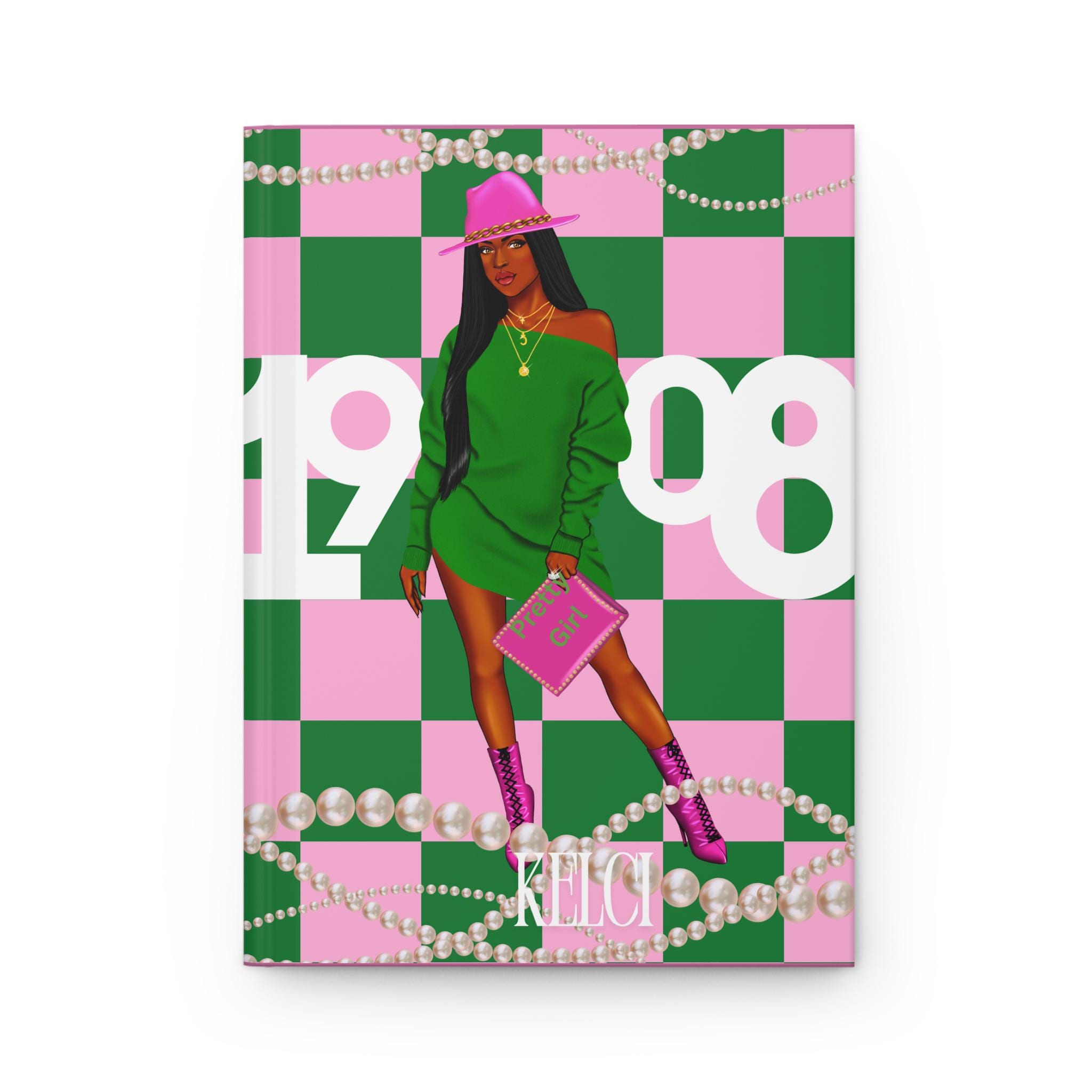 Custom Pink and Green Hardcover Journal,1908 Journal, Sorority Gift, Alpha Kappa Alpha Notebook, Probate Gift, AKA Journal, Greek Life Gift,