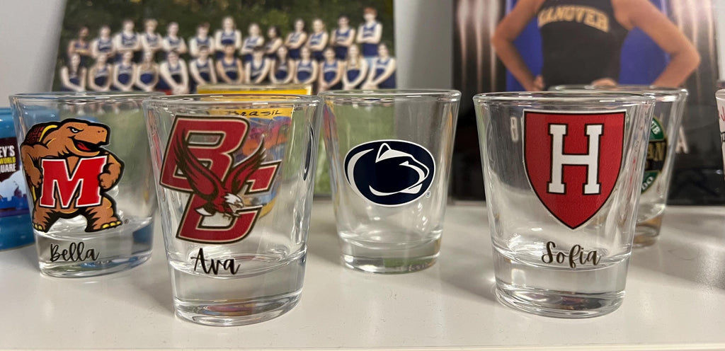 Personalized college shot glass. Custom shot glasses. Customized with college logo/mascot & name. College merch. All colleges available!