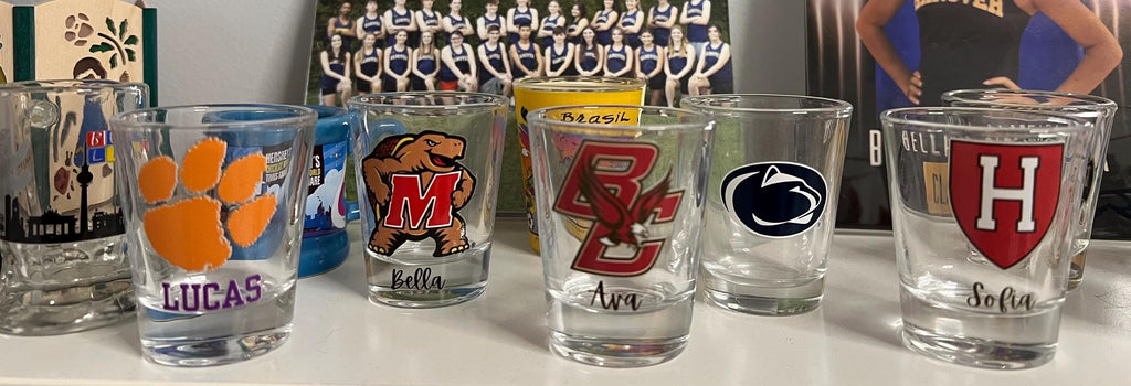 Personalized college shot glass. Custom shot glasses. Customized with college logo/mascot & name. College merch. All colleges available!