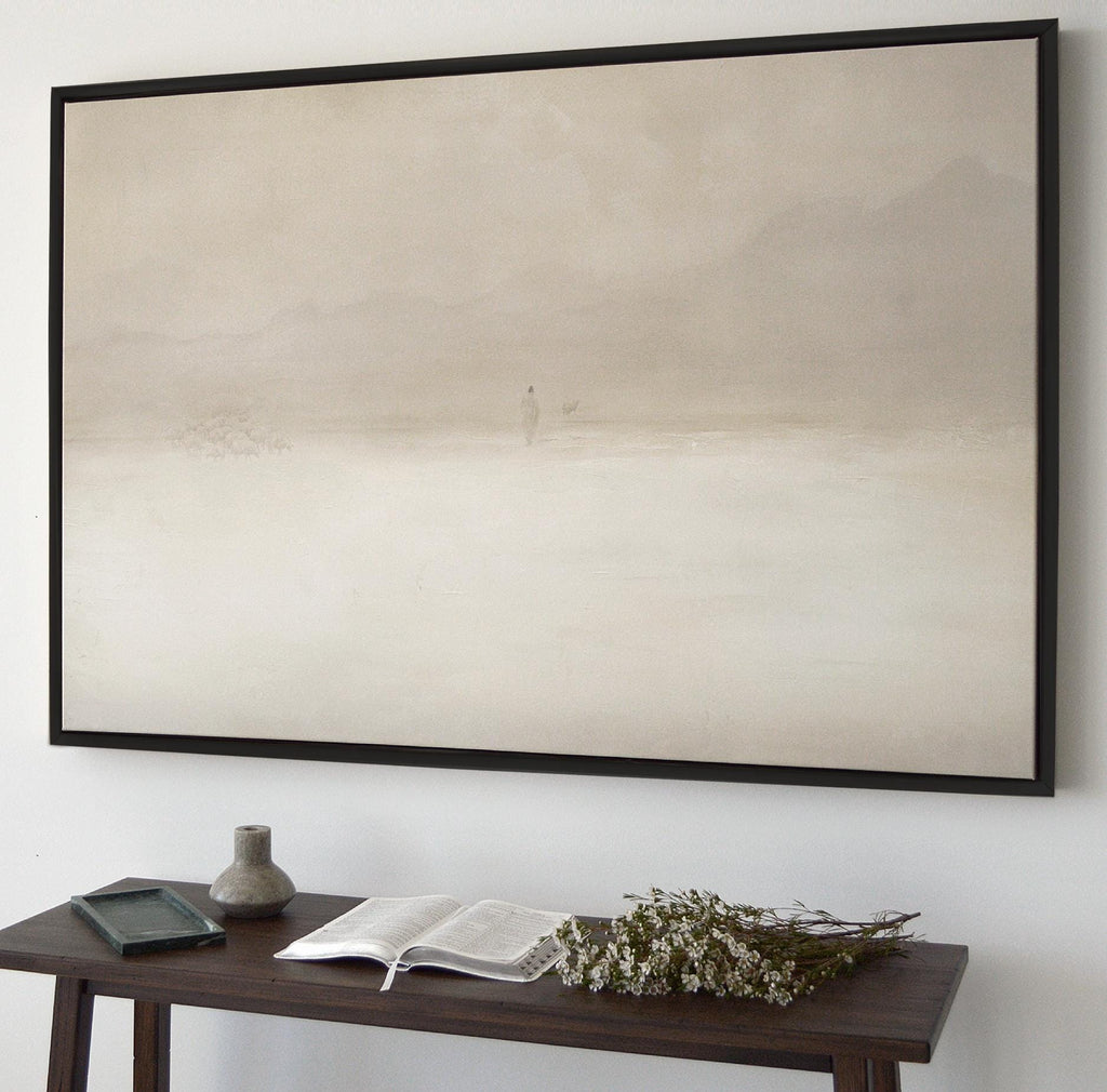 Jesus Leaves the 99 Premium Canvas, Framed, Beige, White, Neutral, Framed, Lost Sheep, Shepherd, Horizontal Sketch Bible Pray Faith Art Gift