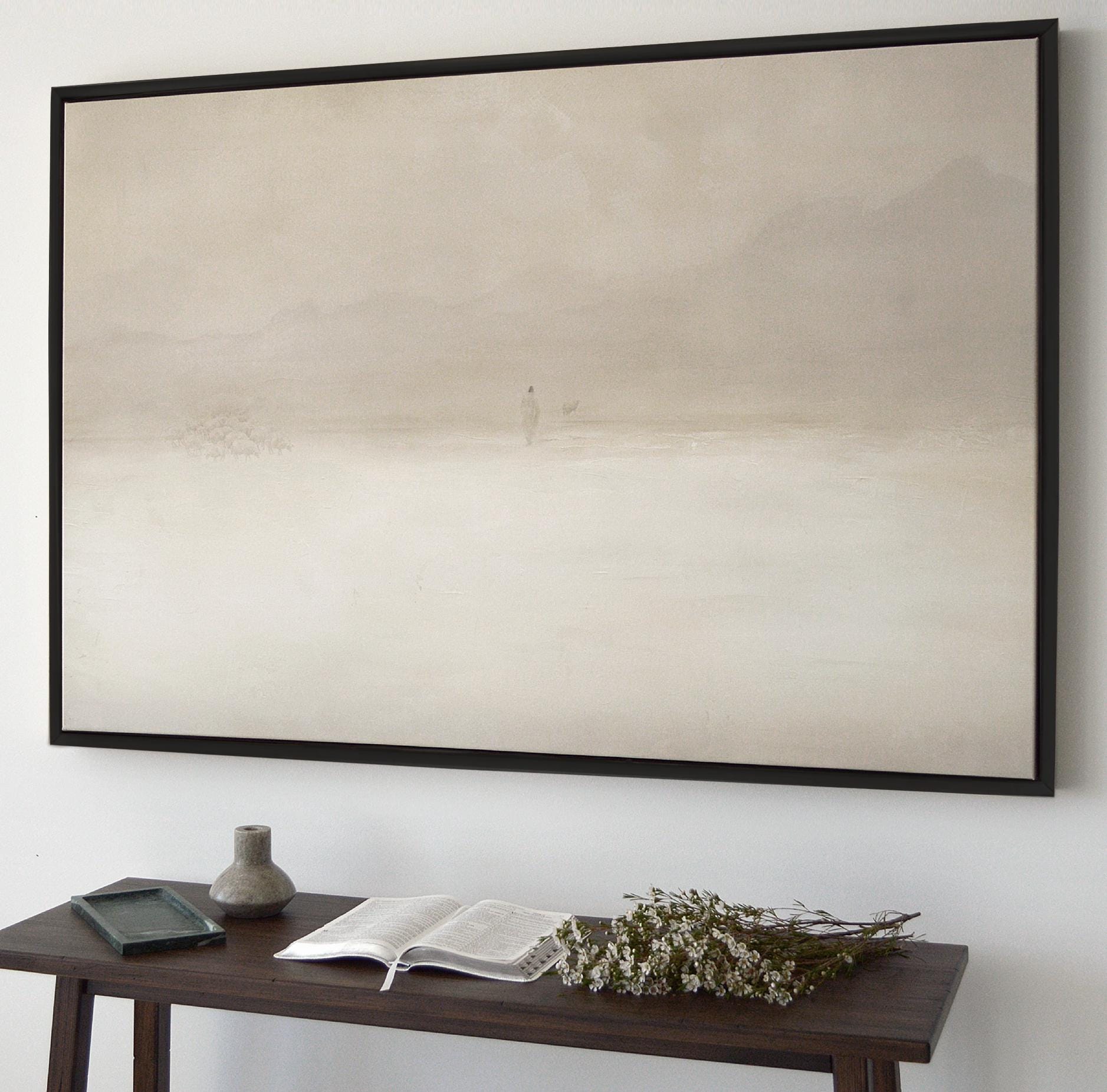 Jesus Leaves the 99 Premium Canvas, Framed, Beige, White, Neutral, Framed, Lost Sheep, Shepherd, Horizontal Sketch Bible Pray Faith Art Gift