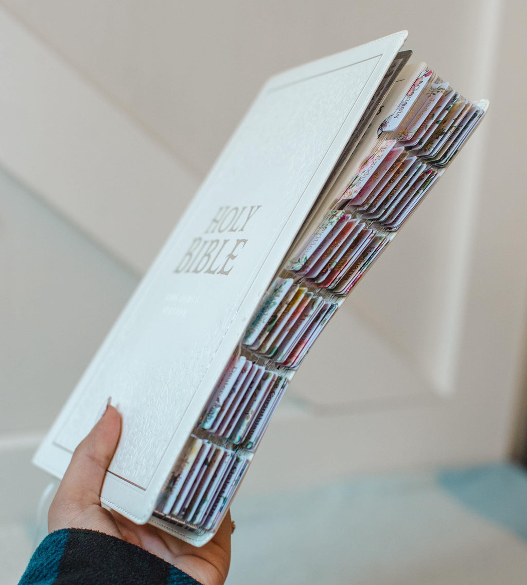 Tabbed Bible White KJV Bible Tabbed Faux Leather Personalized Gift for Women Large Print Bible Tabbed Gift Customized Baptism Gift Wedding