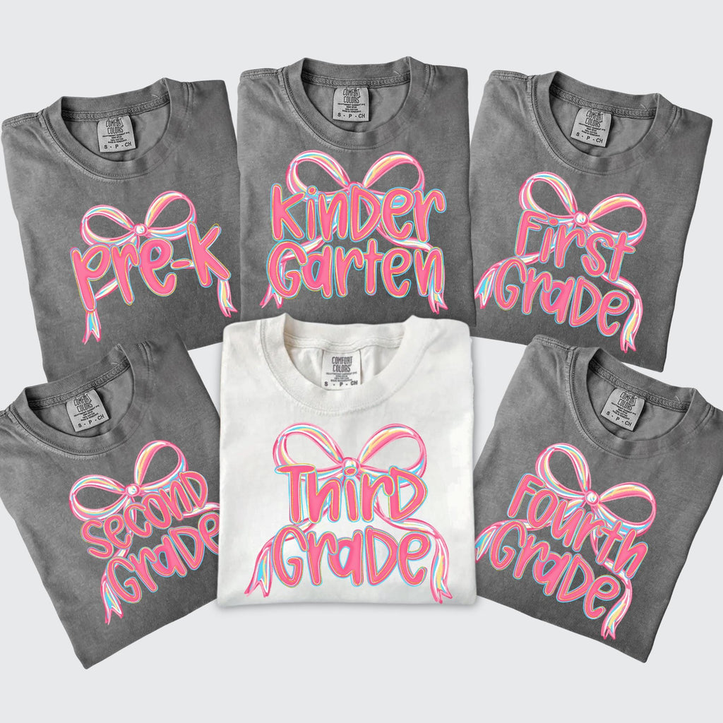 Teacher Grade Crew Bow Shirt Back to School Girl T-Shirt Pastel Neon Grade Shirt Cute Grade Level Tee for Girls Back to School Outfit 2025T