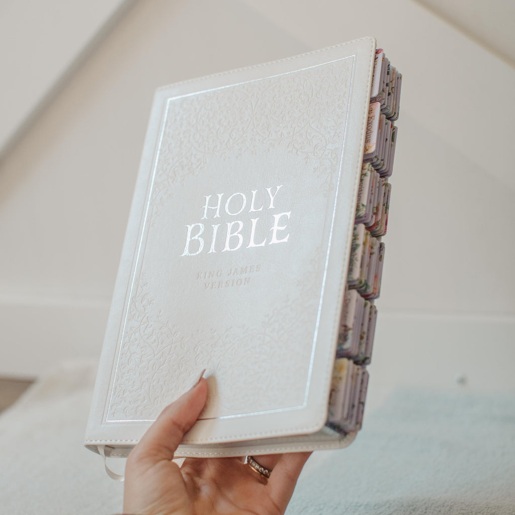 Tabbed Bible White KJV Bible Tabbed Faux Leather Personalized Gift for Women Large Print Bible Tabbed Gift Customized Baptism Gift Wedding