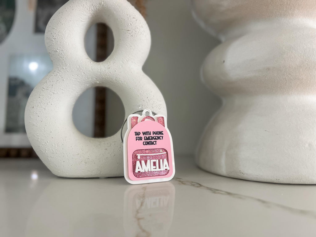 Emergency contact backpack tag, bag tag, book bag tag, scan tag, NFC tag, safety, school name tag, bag tag with name, customizable, personal